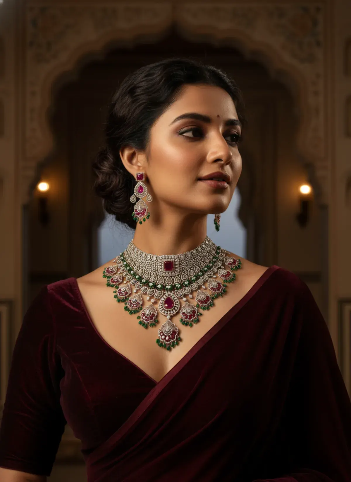 The same choker set worn by a bride in a maroon velvet saree.