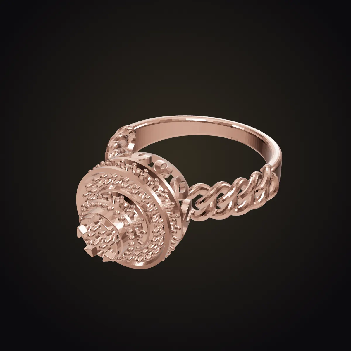 Render of the rose-gold CAD casting model of a round halo ring on a twisted chain shank.