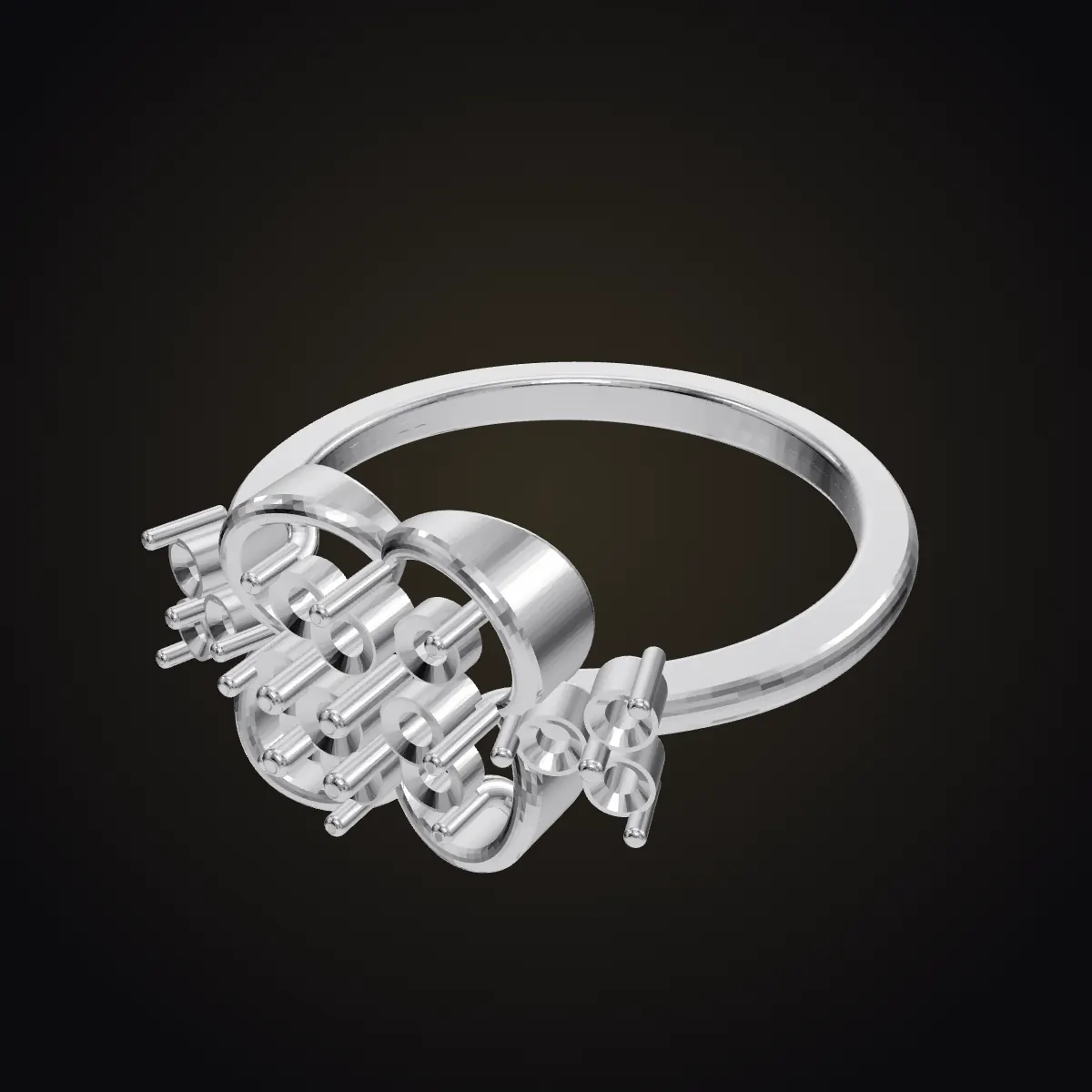 Render of the white-gold CAD casting model of a floral cluster ring, prongs ready for stones.