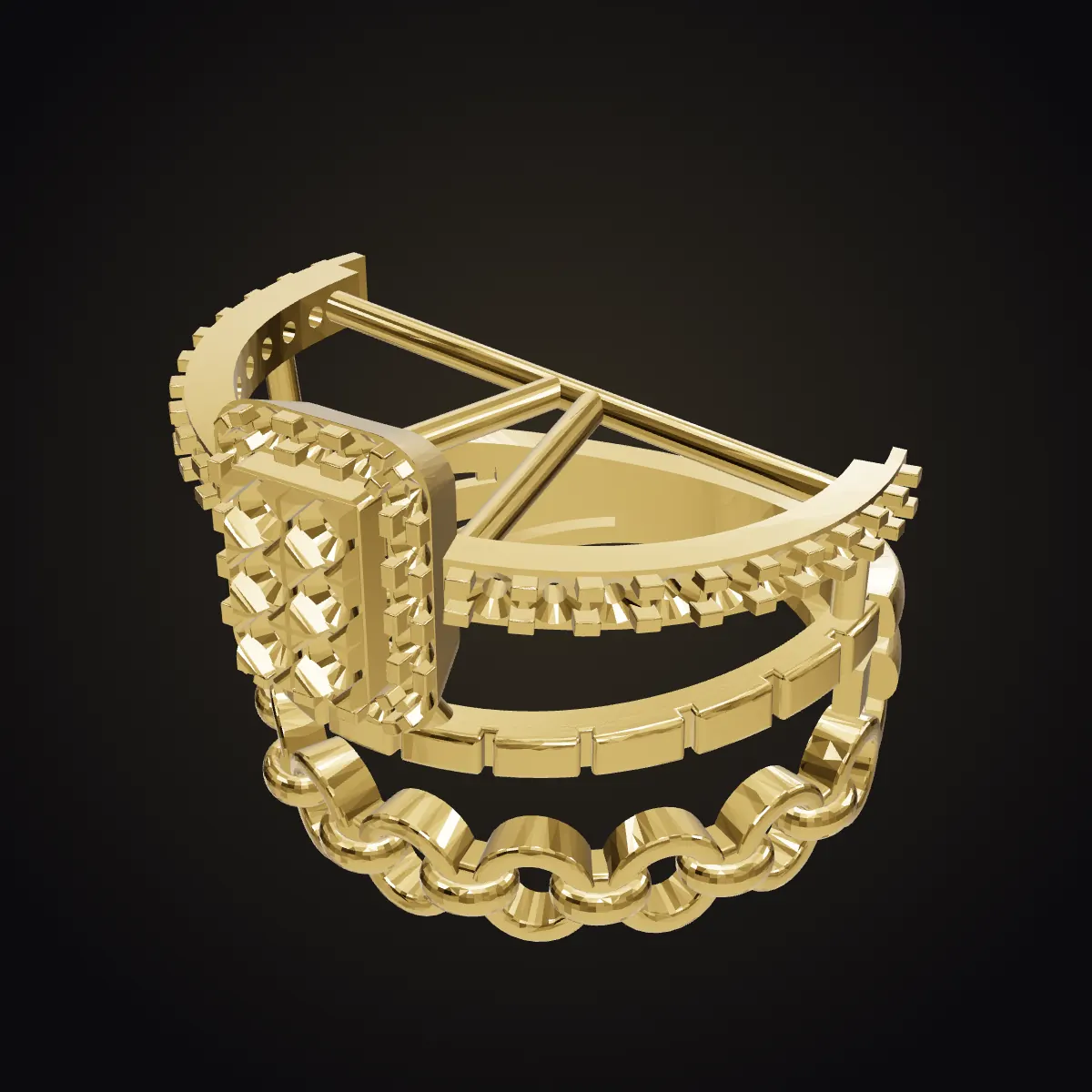 Render of the yellow-gold CAD casting model of a double-band ring with a bar centre and chain-link shank.