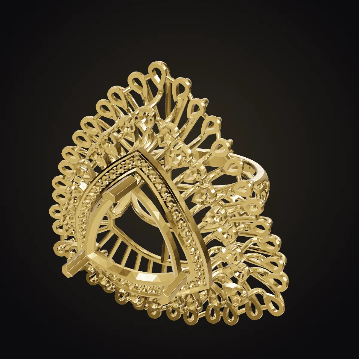 Render of the yellow-gold CAD casting model of a trillion halo ring with a lace-like openwork halo.