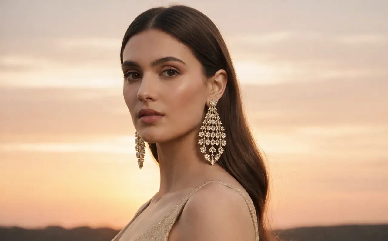 A model at sunset wearing long diamond chandelier earrings.
