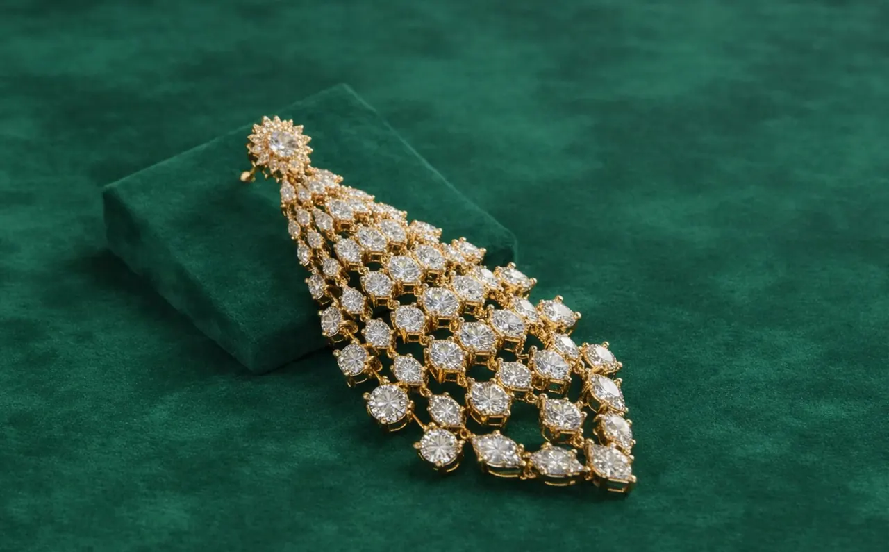 A gold and diamond cluster drop resting on a green velvet stand.