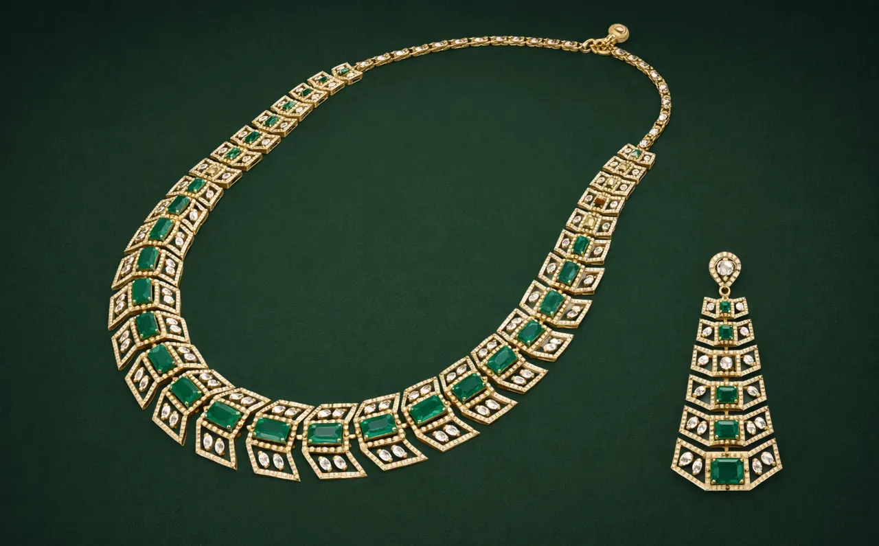 An emerald and diamond necklace and earring laid flat on deep green velvet.