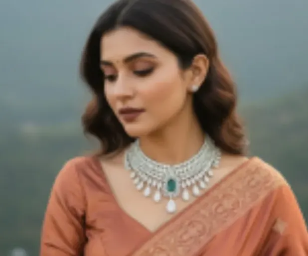 A model in a terracotta saree wearing a diamond collar necklace with an emerald drop.