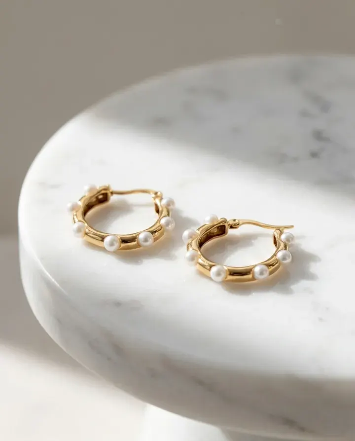 Gold hoop earrings set with pearls on a white marble pedestal.