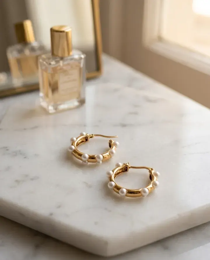 Gold and pearl hoops on a marble vanity beside a perfume bottle.