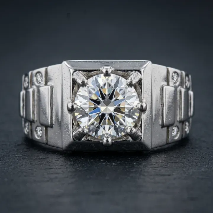Extreme close-up of a large round diamond in a white-gold setting.
