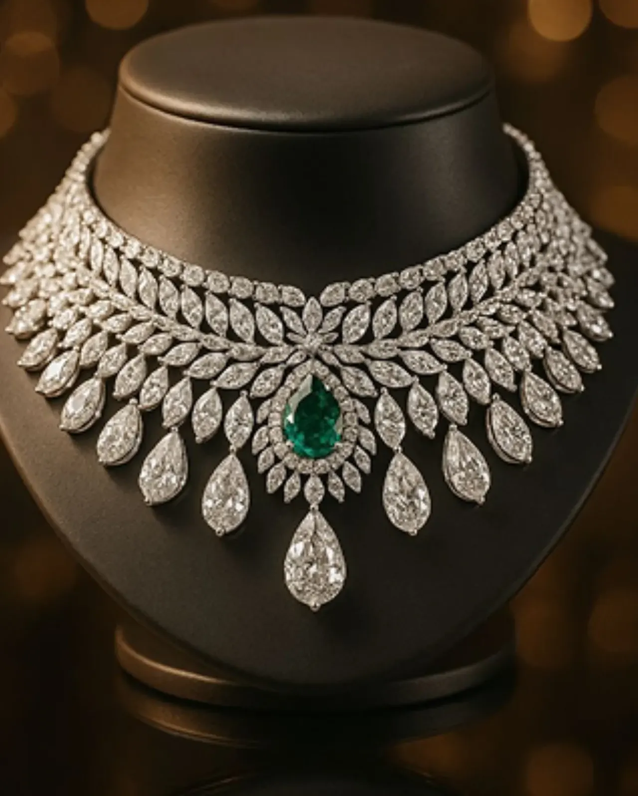 A diamond collar necklace with an emerald drop, displayed on a black bust.