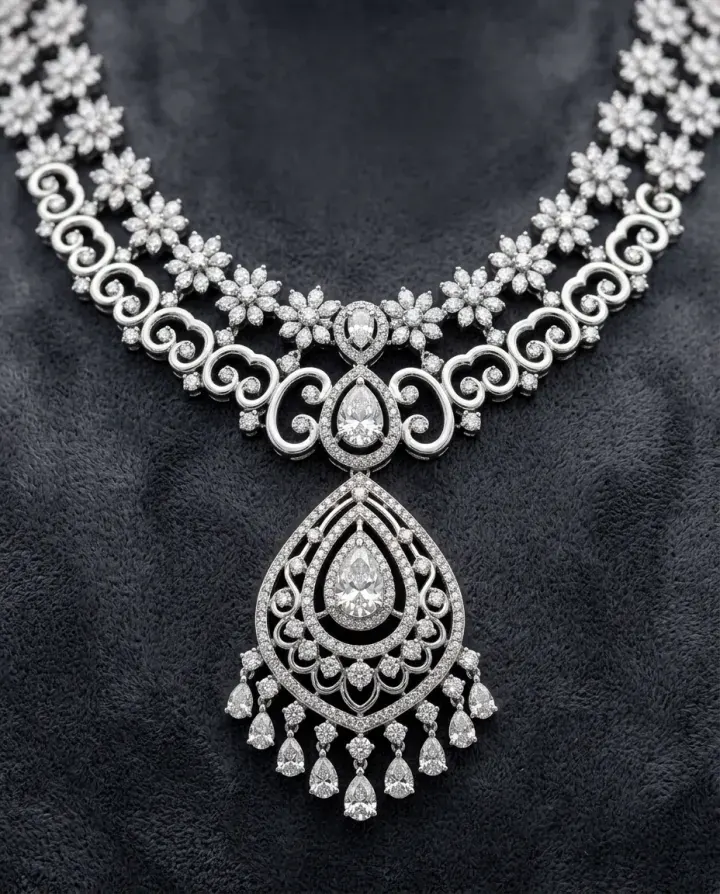 Close-up of a diamond pendant necklace on a model against a dark background.