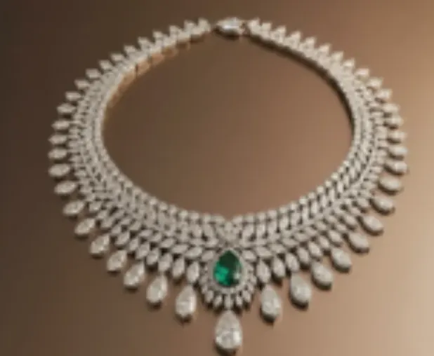 A diamond collar necklace with an emerald drop laid flat on a taupe surface.