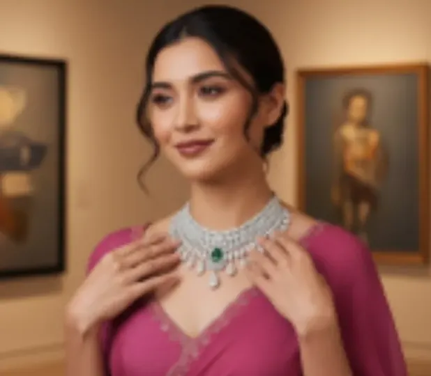 A model in a pink saree wearing a diamond collar necklace in an art gallery.