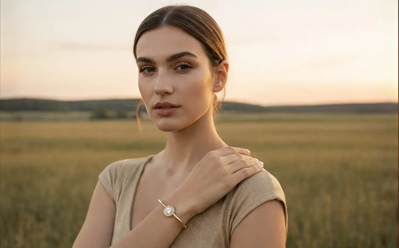 A model in a field at sunset with a rose-gold bangle on her wrist.