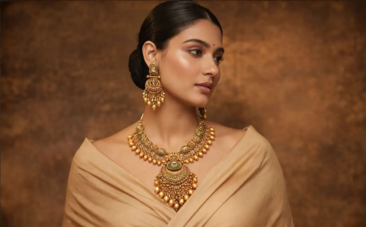 A model in a beige drape wearing an antique gold temple necklace and jhumka earrings.