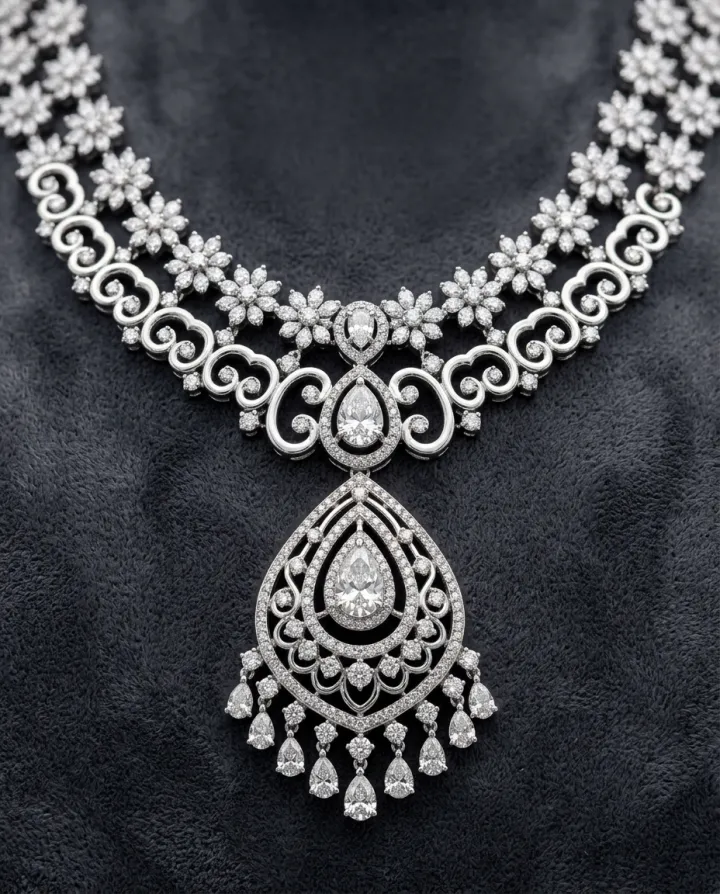 A diamond necklace photographed close on a model.