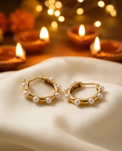 A model wearing jewellery photographed among festival lamps.